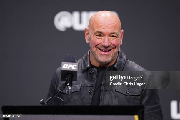 Dana White is seen on stage during the UFC 2024 seasonal press conference at MGM Grand Garden Arena on December 15, 2023 in Las Vegas, Nevada.