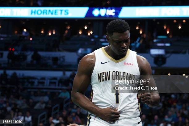 Zion Williamson of the New Orleans Pelicans reacts after scoring a basket and drawing a foul during the first period of the game against the...