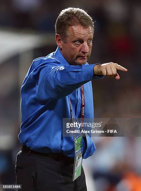 Head coach Sean Fleming of Canada reacts during the FIFA U-17 World Cup UAE 2013 Group E match between Argentina and Canada at Al Rashid Stadium on...