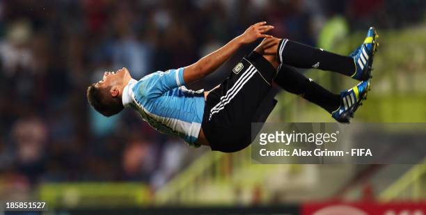 Joaquin Ibanez of Argentina celebrates his team's first goal during the FIFA U-17 World Cup UAE 2013 Group E match between Argentina and Canada at Al...