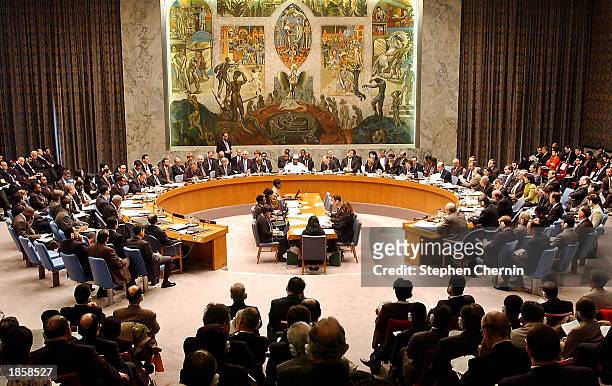 The United Nations Security Council meets to discuss the current situation regarding Iraq at U.N. Headquarters March 19, 2003 in New York City. The...