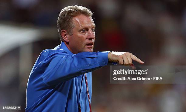 Head coach Sean Fleming of Canada reacts during the FIFA U-17 World Cup UAE 2013 Group E match between Argentina and Canada at Al Rashid Stadium on...