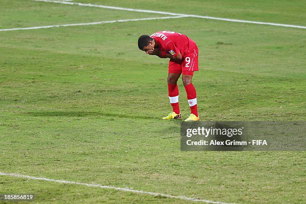 Jordan Hamilton of Canada reacts after missing a chance to score during the FIFA U-17 World Cup UAE 2013 Group E match between Argentina and Canada...