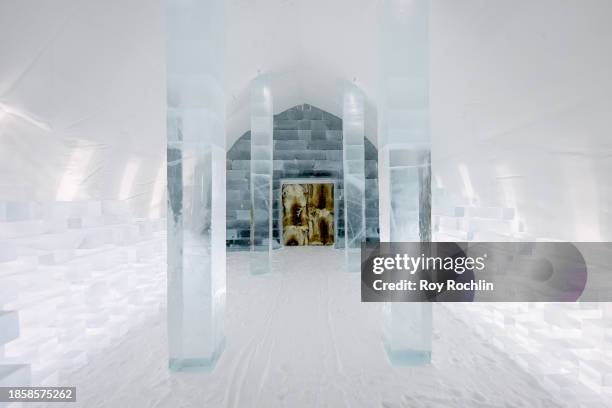 View of the Main Hall with art named "Lattice" by artists Kendo Hamaguchi and Taku Ohuchi at Icehotel 34 on December 14, 2023 in Jukkasjarvi, Sweden....