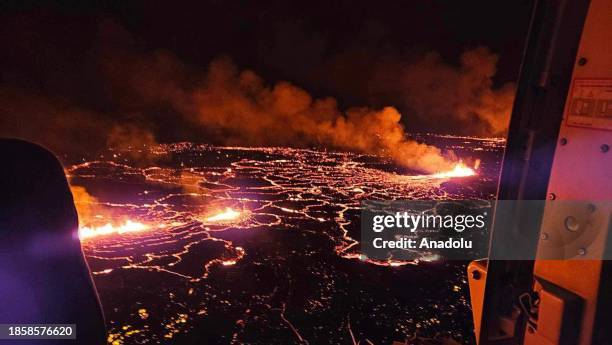 View of lava after volcano eruption located close to Sundhnukagigar, about 4 kilometers northeast of Grindavik town of Reykjanes peninsula, Iceland...