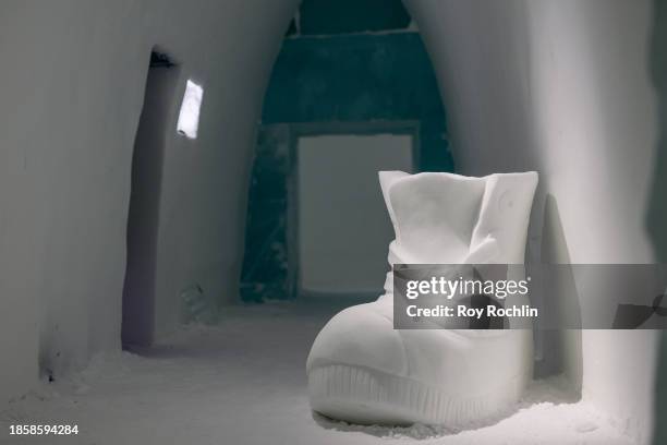 View of the room called "DON´T GET UP" that was created by artists Wilfred Stijger and Edith Van De Wetering at Icehotel 34 on December 15, 2023 in...