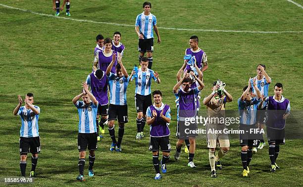 Players of Argentina celebrate with their fans after the FIFA U-17 World Cup UAE 2013 Group E match between Argentina and Canada at Al Rashid Stadium...