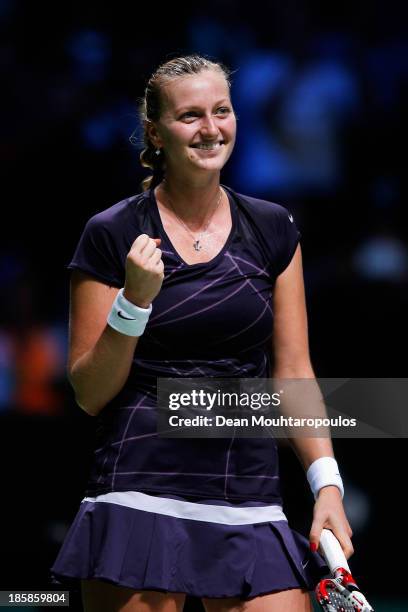 Petra Kvitova of Czech Republic celebrates victory over Angelique Kerber of Germany during day four of the TEB BNP Paribas WTA Championships at the...