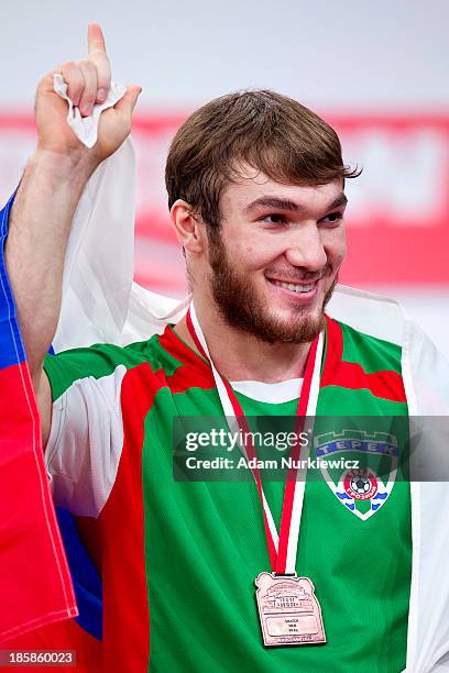 Apti Aukhadov from Russia with gold medal in total competition men's 85 kg Group A during weightlifting IWF World Championships Wroclaw 2013 at...