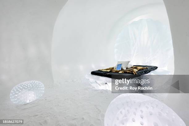 View of the room called "SEA INSIDE" that was created by artists Kristina Möckel and Sebastian Scheller at Icehotel 34 on December 15, 2023 in...