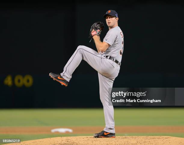 Max Scherzer of the Detroit Tigers pitches during Game One of the American League Division Series against the Oakland Athletics at O.co Coliseum on...