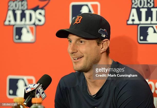 Max Scherzer of the Detroit Tigers talks to the media after Game One of the American League Division Series against the Oakland Athletics at O.co...