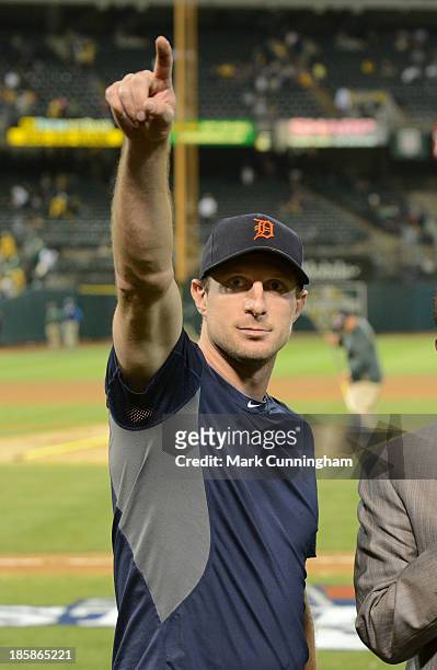 Max Scherzer of the Detroit Tigers looks on after Game One of the American League Division Series against the Oakland Athletics at O.co Coliseum on...