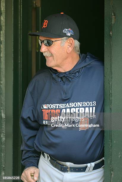 Manager Jim Leyland of the Detroit Tigers looks on from the dugout prior to Game One of the American League Division Series against the Oakland...