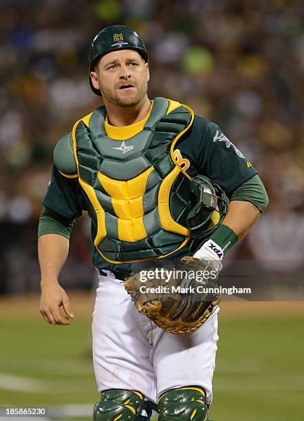 Stephen Vogt of the Oakland Athletics looks during Game One of the American League Division Series against the Detroit Tigers at O.co Coliseum on...