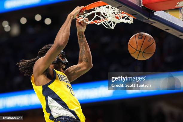 Isaiah Jackson of the Indiana Pacers dunks the ball against the Washington Wizards during the second half at Capital One Arena on December 15, 2023...