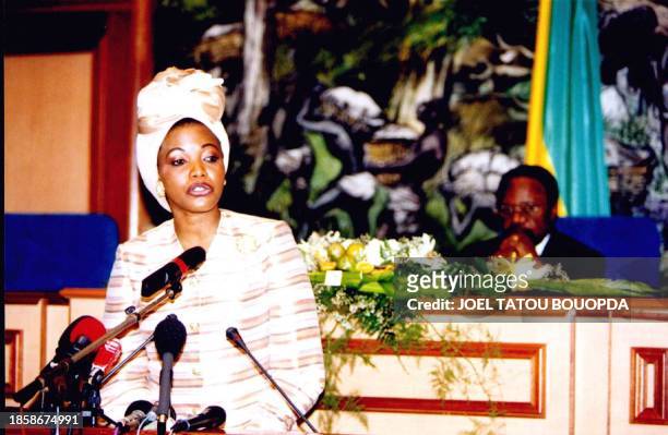 Gabonese First lady Edith Lucie Bongo opens the African "First ladies" summit 17 May 2001 in Libreville, as her husband Omar Bongo listens. Twelve...