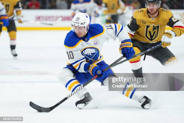 Henri Jokiharju of the Buffalo Sabres skates during the first period against the Vegas Golden Knights at T-Mobile Arena on December 15, 2023 in Las...