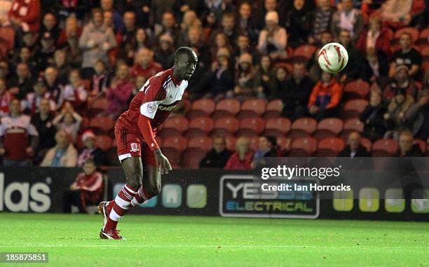 Albert Adomah scores the first goal for Middlesbrough during the Sky Bet Championship game between Middlesbrough and Doncaster Rovers at the...