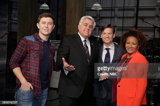 Episode 4553 -- -- Pictured: Musical guest Scotty McCreery, host Jay Leno, journalist Richard Engel and comedian Wanda Sykes on October 25, 2013 --