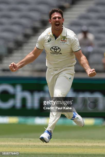 Mitchell Marsh of Australia celebrates the wicket of Babar Azam of Pakistan during day three of the Men's First Test match between Australia and...