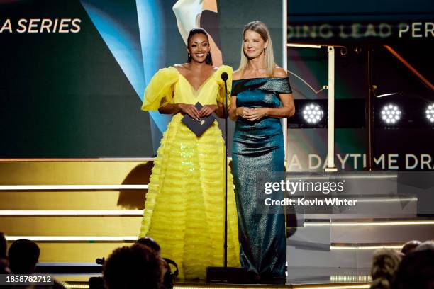 Mishael Morgan and Cynthia Watros speak onstage during the 50th Daytime Emmy Awards at The Westin Bonaventure Hotel & Suites, Los Angeles on December...