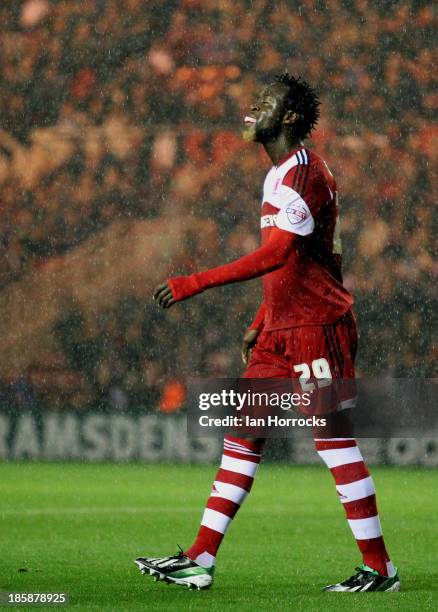 Kei Kamara of Middlesbruogh laughs after his miss during the Sky Bet Championship game between Middlesbrough and Doncaster Rovers at the Riverside...