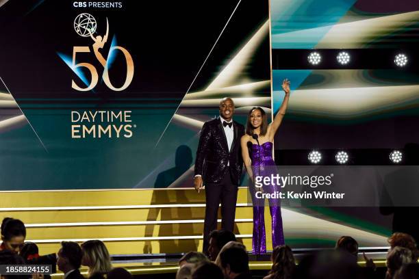 Kevin Frazier and Nischelle Turner speak onstage during the 50th Daytime Emmy Awards at The Westin Bonaventure Hotel & Suites, Los Angeles on...
