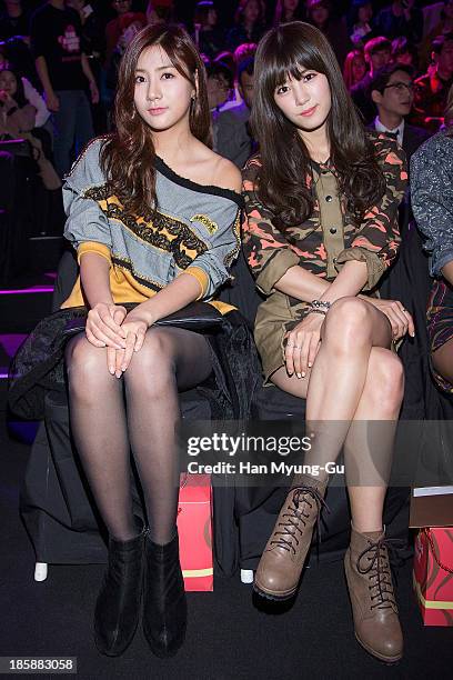 Oh Ha-Young and Park Cho-Rong of South Korean girl group A Pink attend during at the 'Kwak Hyun-Joo' show on day five of the Seoul Fashion Week...