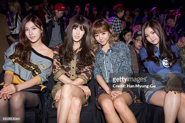 Oh Ha-Young, Park Cho-Rong, Kim Nam-Joo and Son Na-Eun of South Korean girl group A Pink attend during at the 'Kwak Hyun-Joo' show on day five of the...