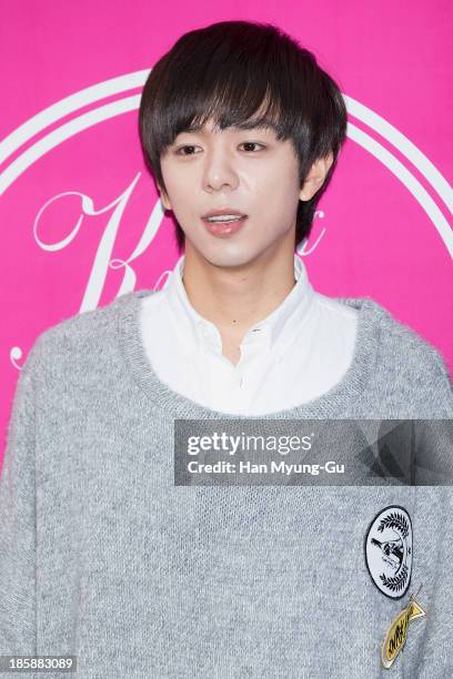 Moon Jun-Young of South Korean boy band ZE:A attends during at the 'Kwak Hyun-Joo' show on day five of the Seoul Fashion Week Spring/Summer 2014 at...