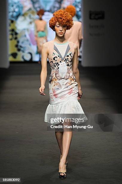 Model walks the runway wearing 'Kwak Hyun-Joo' 2014 S/S collection during Seoul Fashion Week Spring/Summer 2014 at Yeoido Park on October 22, 2013 in...