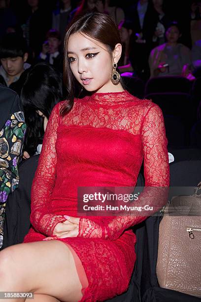 South Korean actress Hong Su-A attends during at the 'Kwak Hyun-Joo' show on day five of the Seoul Fashion Week Spring/Summer 2014 at Yeoido Park on...