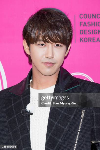Hwang Kwang-Hee of South Korean boy band ZE:A attends during at the 'Kwak Hyun-Joo' show on day five of the Seoul Fashion Week Spring/Summer 2014 at...