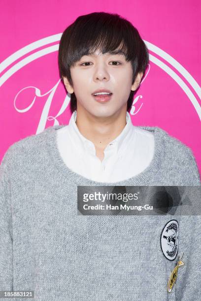 Moon Jun-Young of South Korean boy band ZE:A attends during at the 'Kwak Hyun-Joo' show on day five of the Seoul Fashion Week Spring/Summer 2014 at...