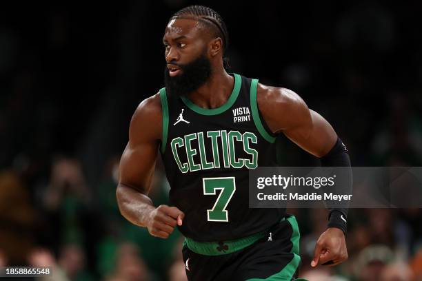 Jaylen Brown of the Boston Celtics runs downcourt against the Orlando Magic during the first quarter at TD Garden on December 15, 2023 in Boston,...