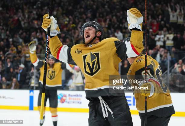 Jack Eichel of the Vegas Golden Knights celebrates after a goal during the third period against the Buffalo Sabres at T-Mobile Arena on December 15,...