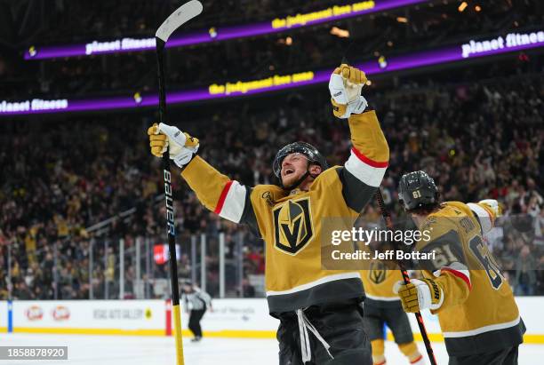 Jack Eichel of the Vegas Golden Knights celebrates after a goal during the third period against the Buffalo Sabres at T-Mobile Arena on December 15,...