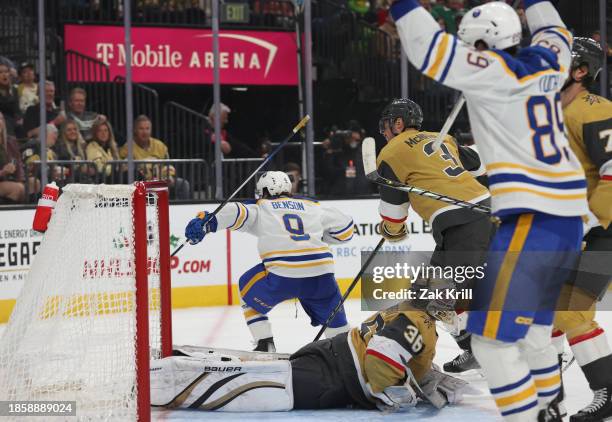 Zach Benson of the Buffalo Sabres celebrates after a goal during the third period against the Vegas Golden Knights at T-Mobile Arena on December 15,...