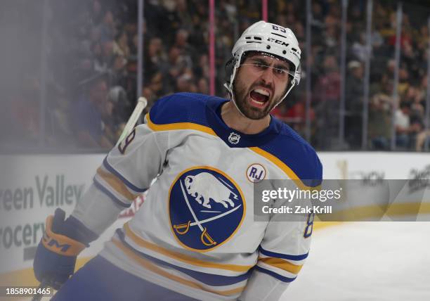 Alex Tuch of the Buffalo Sabres reacts after scoring a goal during the third period against the Vegas Golden Knights at T-Mobile Arena on December...