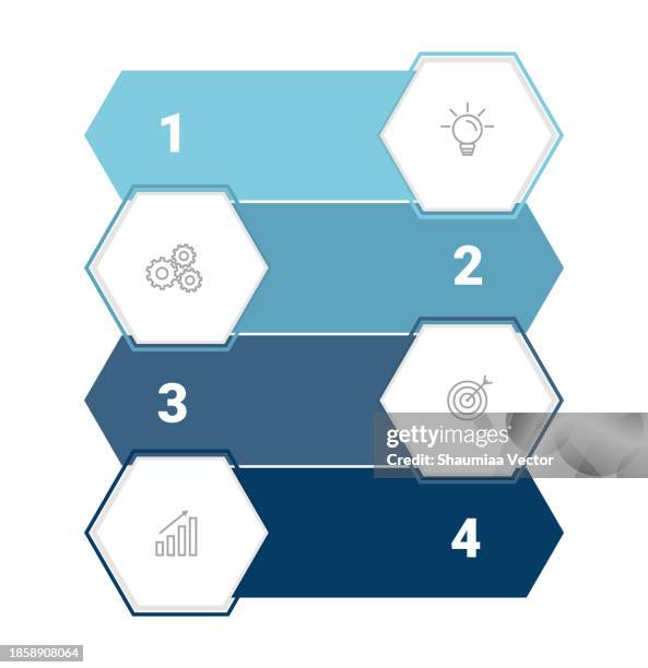 ilustrações de stock, clip art, desenhos animados e ícones de four steps infographic design. information chart in flat design in hexagon shape, isolated on white background - 6 steps