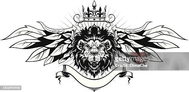 lions head mit flügel - lion tattoo stock-grafiken, -clipart, -cartoons und -symbole