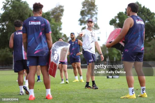 Geoff Parling, Assistant Coach of the Rebels speaks to players during a Melbourne Rebels Open Training Session at Gosch's Paddock on December 16,...