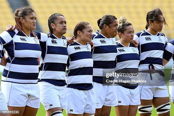 Auckland players line up for the national anthem during the Women's Provincial Final between Canterbury and Auckland at Westpac Stadium on October...