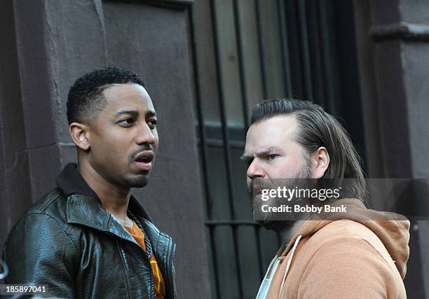 Brandon T. Jackson and Tyler Labine on the set of the Hulu TV show "Deadbeat" on October 25, 2013 in New York City.