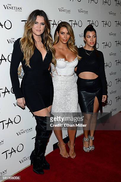 Television personalities Khloe Kardashian, Kim Kardashian and Kourtney Kardashian arrive at the Tao Nightclub at The Venetian Las Vegas to celebrate...
