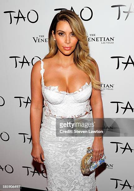 Television personality Kim Kardashian arrives at the Tao Nightclub at The Venetian Las Vegas to celebrate her 33rd birthday on October 26, 2013 in...