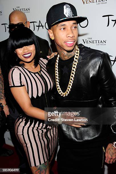 Rapper Tyga and Blac Chyna arrive at the Tao Nightclub at The Venetian Las Vegas to celebrate Kim's 33rd birthday on October 25, 2013 in Las Vegas,...