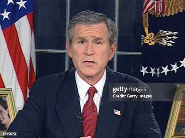 In this image from video, U.S. President George W. Bush announces that the U.S. Military struck at "targets of opportunity" in Iraq March 19, 2003 in...