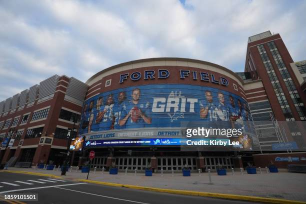 General overall view of the Ford Field exterior with images of Detroit Lions linebacker Alex Anzalone , defendsive lineman Alim McNeill , safety Trey...